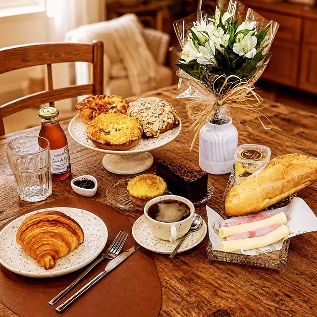 Mesa com croissant, pães, café e confeitaria da Artesanalle, publicada no Instagram da empresa
